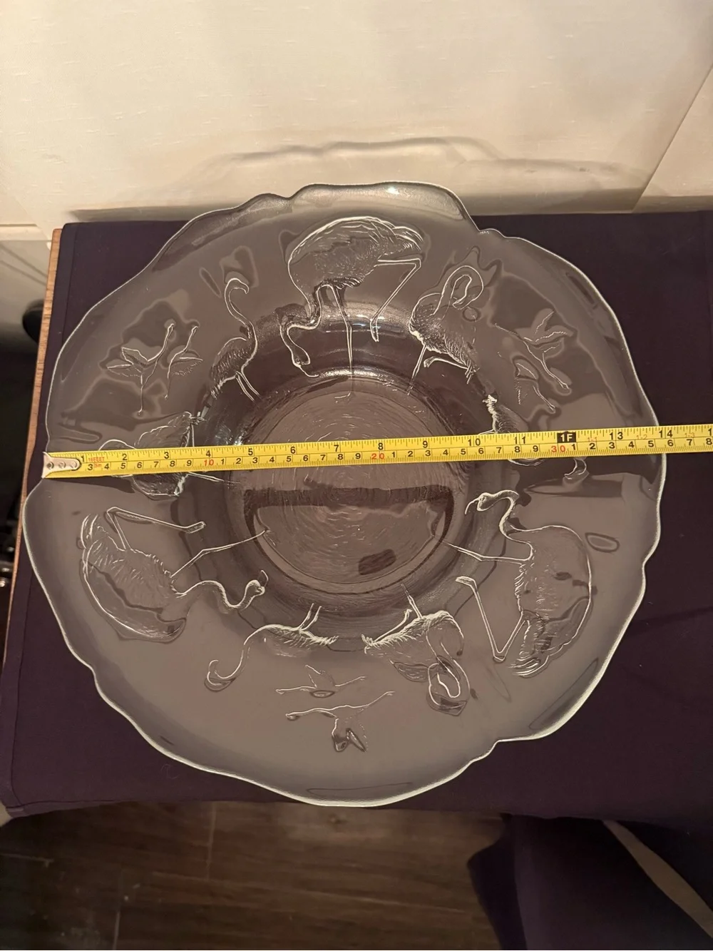 🦩Raised flamingo 🦩 bowl.  French glass 14” scalloped edge.
